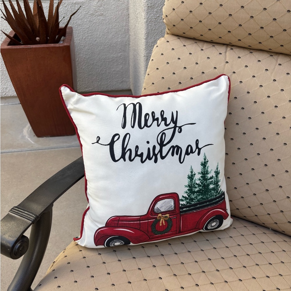 Red and White Christmas Pillow with Vintage Truck and Merry Christmas Text